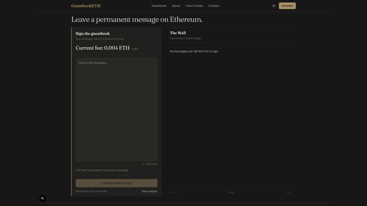 GuestbookETH project interface — Permanent Ethereum Guestbook
