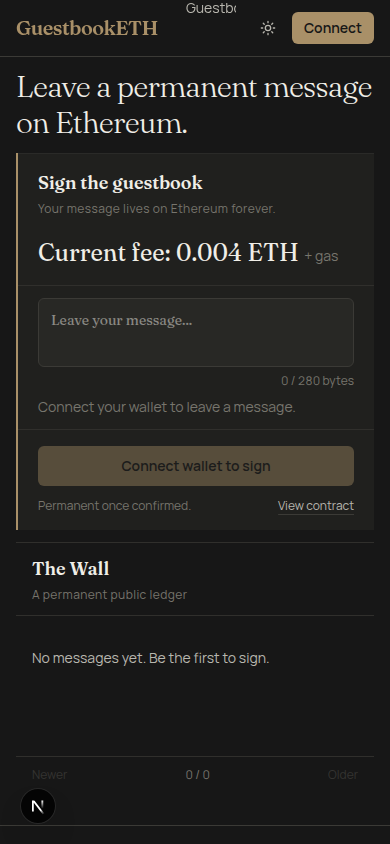 GuestbookETH mobile interface screenshot 1