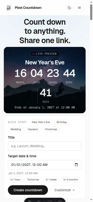 Pixel Countdown mobile interface screenshot 1